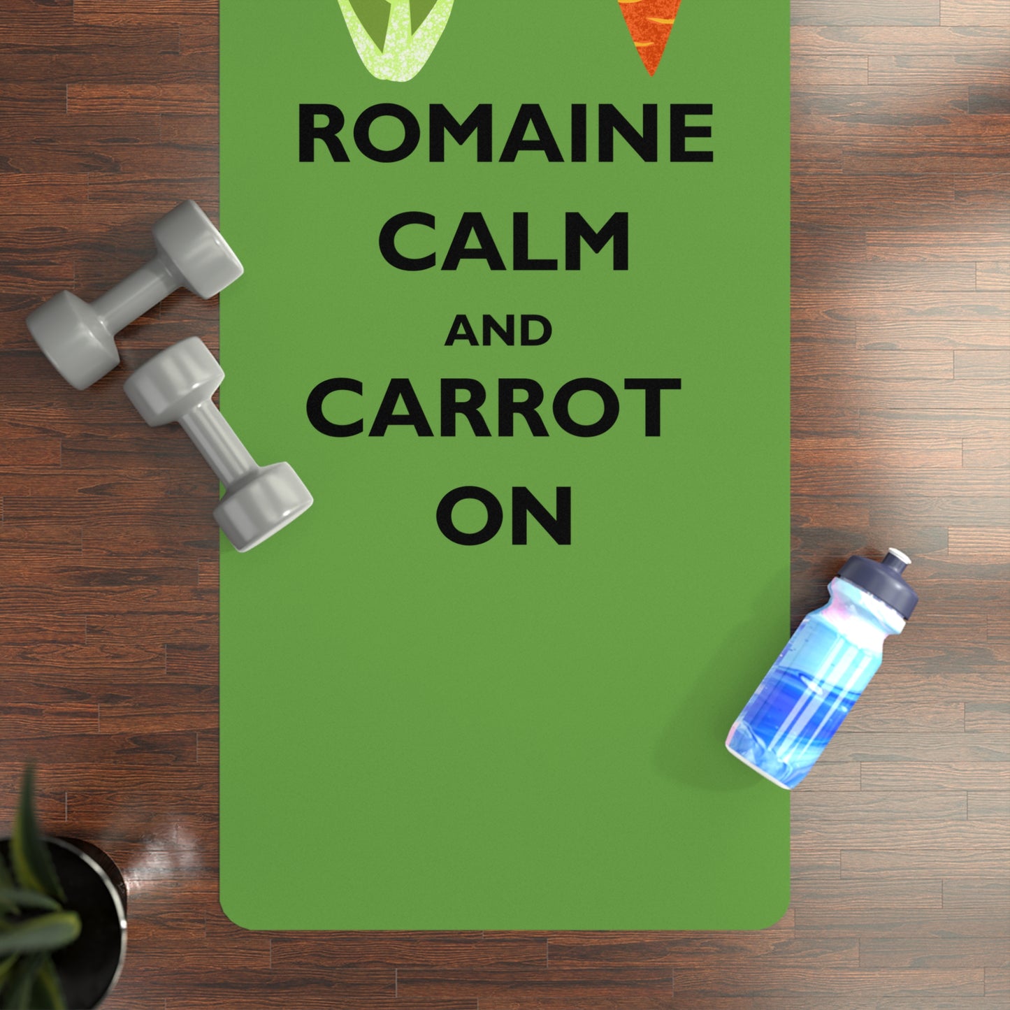 Fun Veggie Pun Rubber Yoga Mat - Romaine Calm and Carrot On, Fitness Gift, Exercise Mat, Yoga Accessories, Home Gym Decor