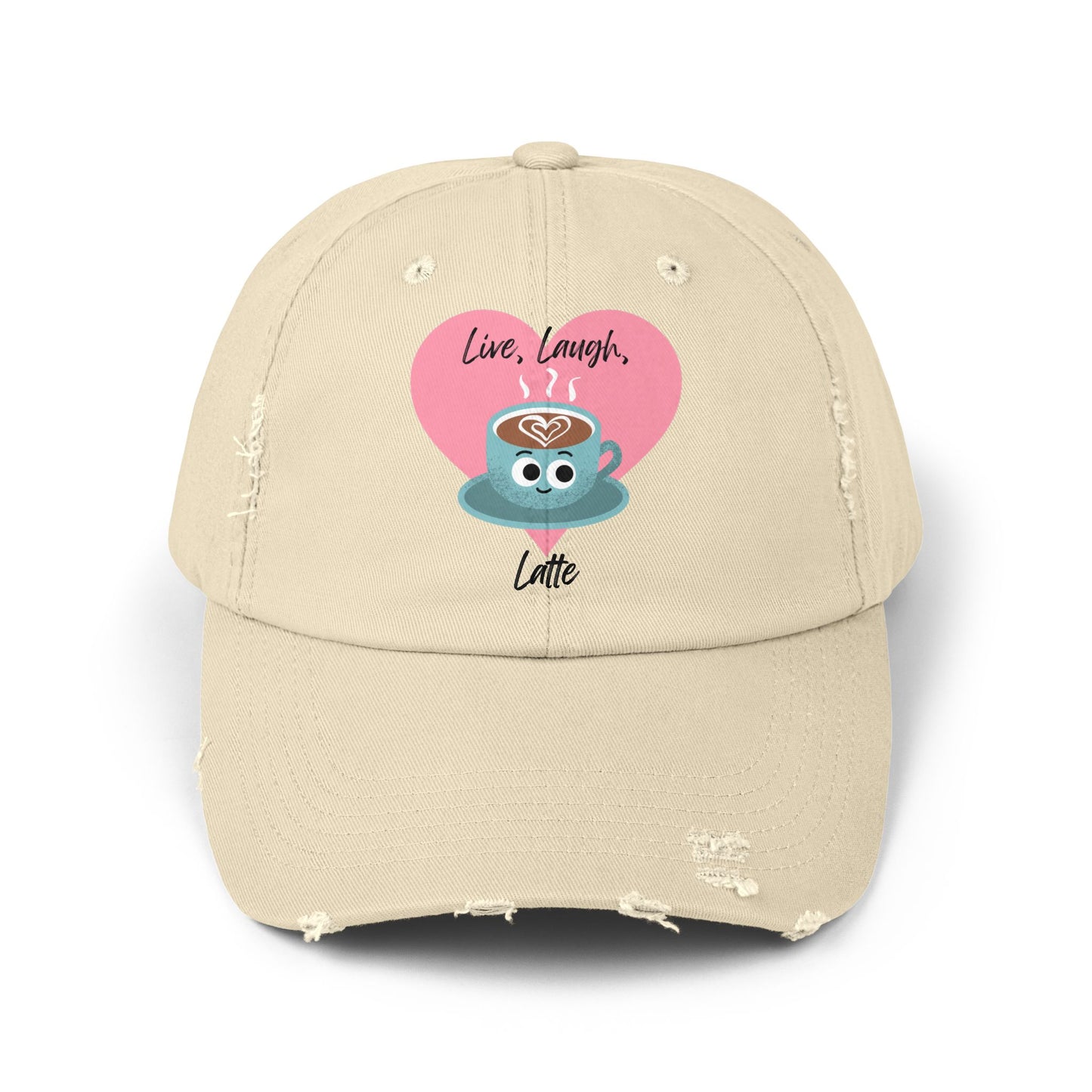 Cute Coffee-Themed Distressed Cap, Live Laugh Latte Pun Hats, Casual Everyday Accessory, Gift for Coffee Lovers, Unique Summer Cap
