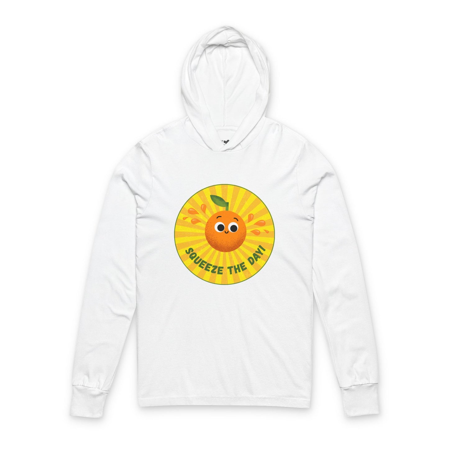 Cheerful Hooded Long Sleeve Shirt with 'Squeeze the Day' Design, Unisex Pullover for Everyday Motivation, Perfect Gift, Fun Apparel, Summer Vibes