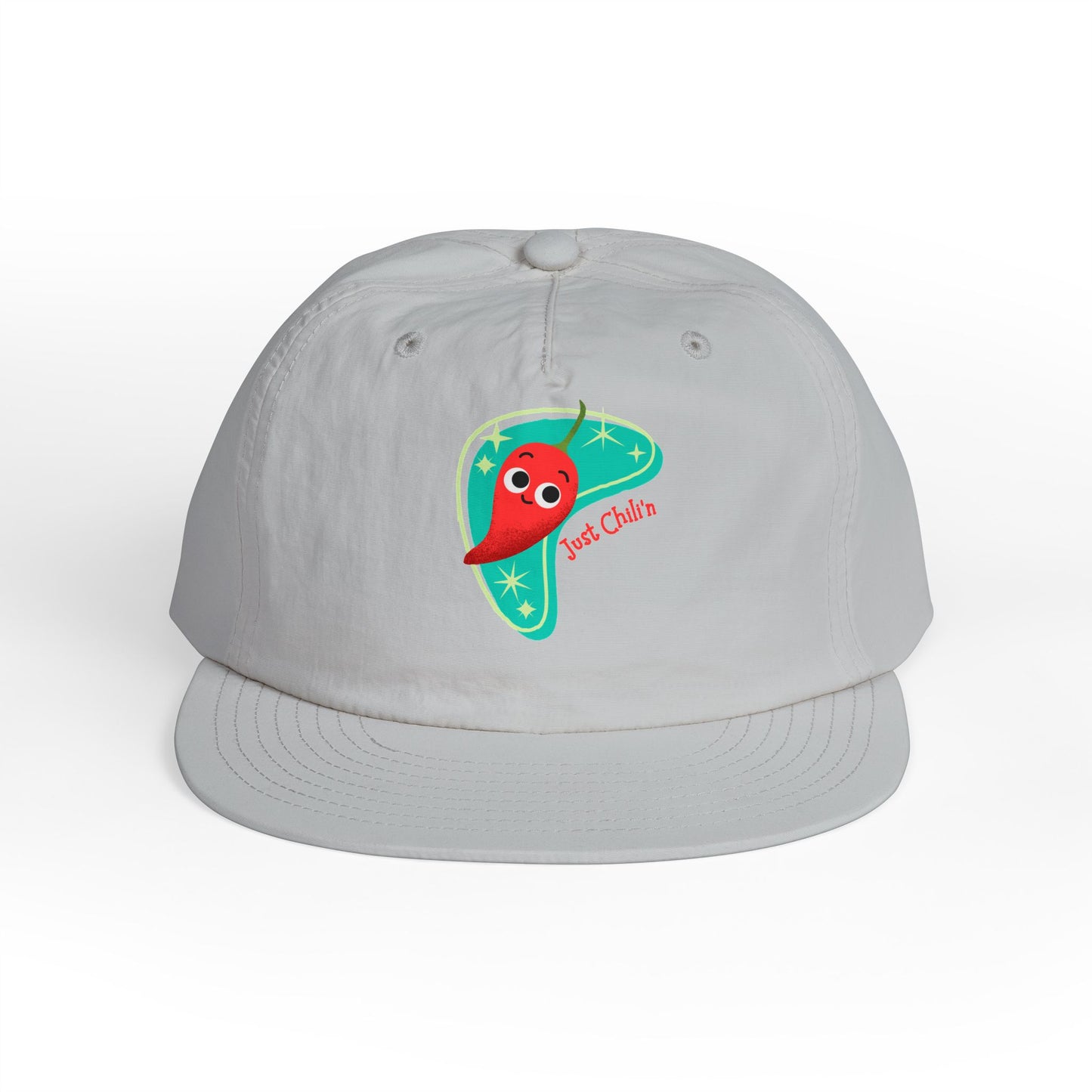 Surf Cap with Fun Chillin' Chili Design, Beach Apparel, Summer Hat Accessories, Gift for Food Lovers, Chill Vibes Cap, Surfing Headwear