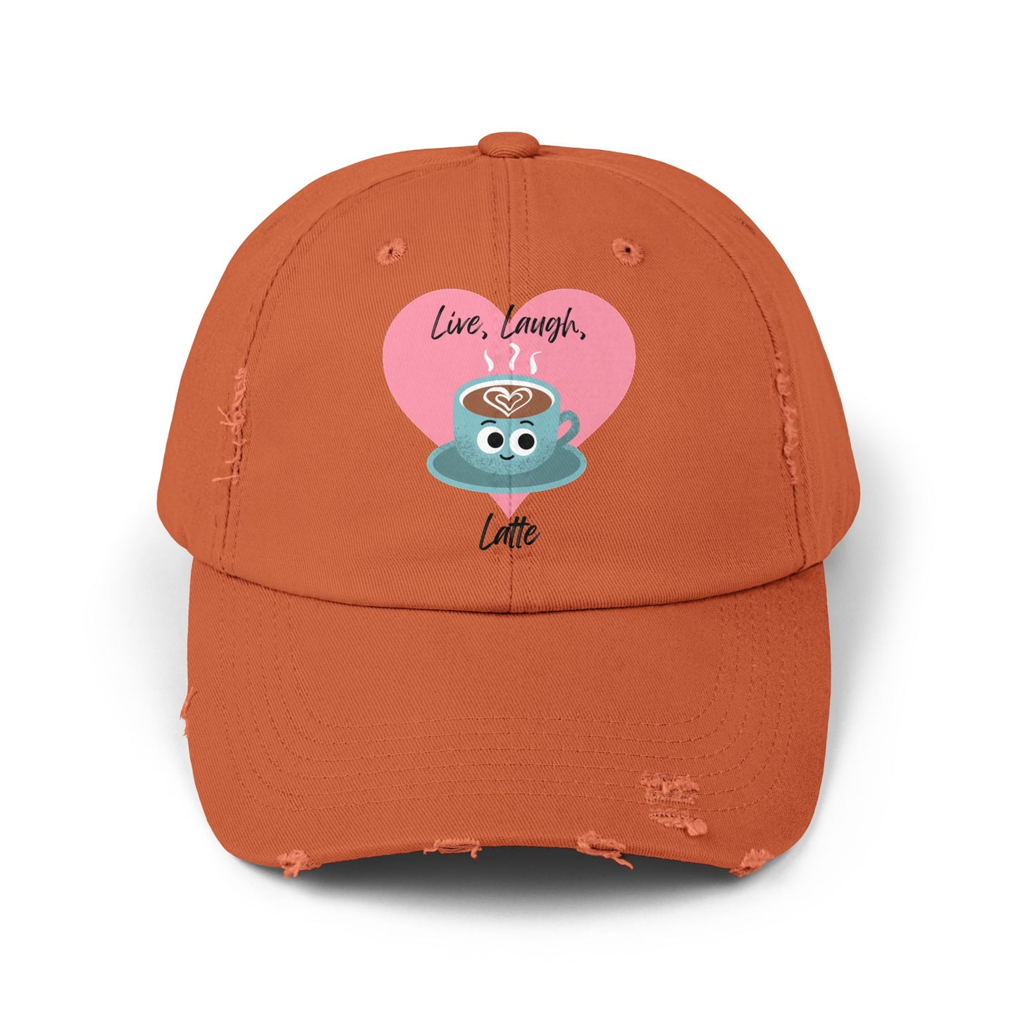 Cute Coffee-Themed Distressed Cap, Live Laugh Latte Pun Hats, Casual Everyday Accessory, Gift for Coffee Lovers, Unique Summer Cap