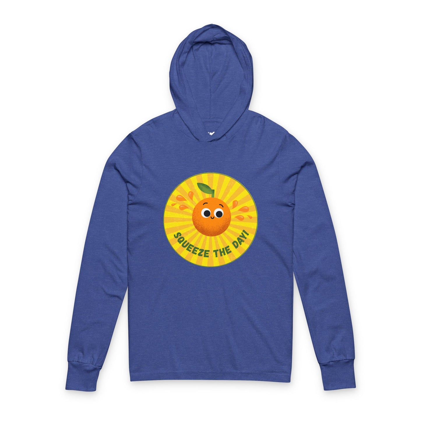 Cheerful Hooded Long Sleeve Shirt with 'Squeeze the Day' Design, Unisex Pullover for Everyday Motivation, Perfect Gift, Fun Apparel, Summer Vibes
