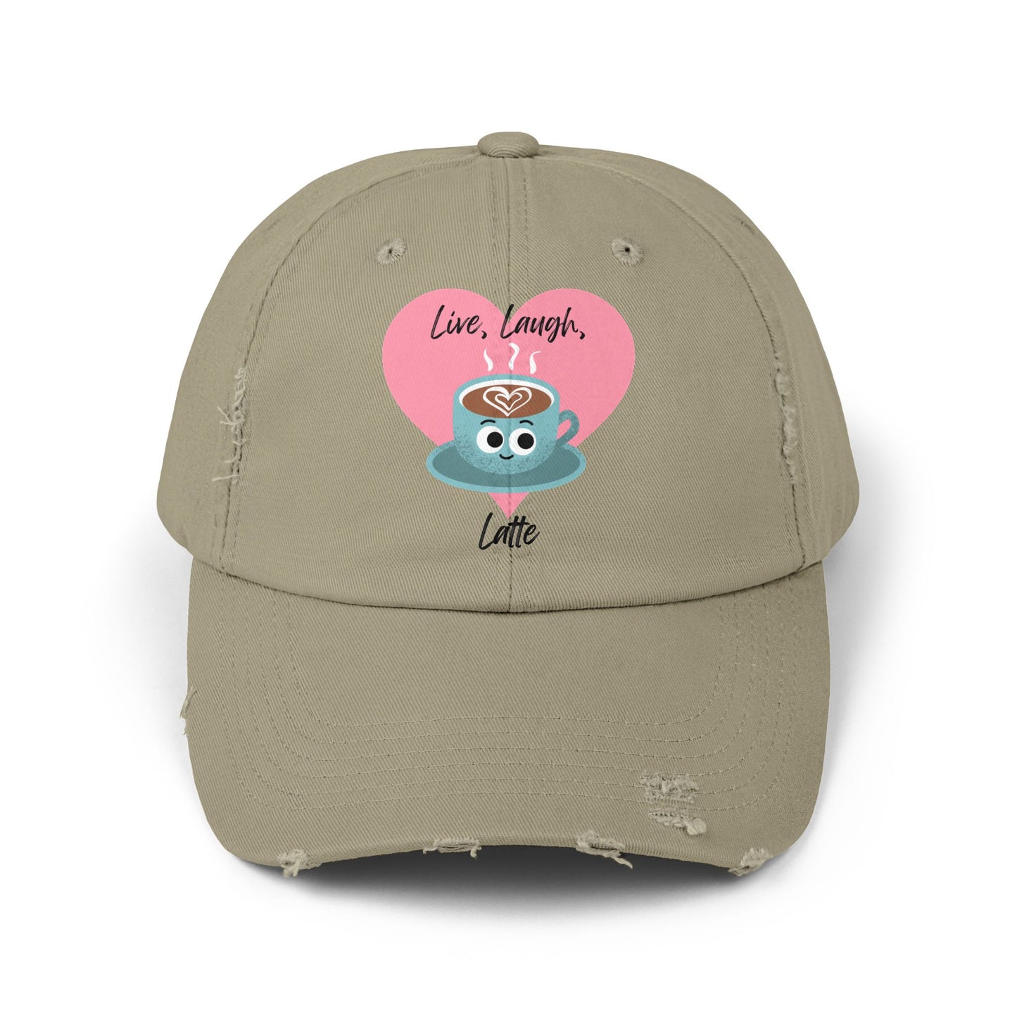 Cute Coffee-Themed Distressed Cap, Live Laugh Latte Pun Hats, Casual Everyday Accessory, Gift for Coffee Lovers, Unique Summer Cap