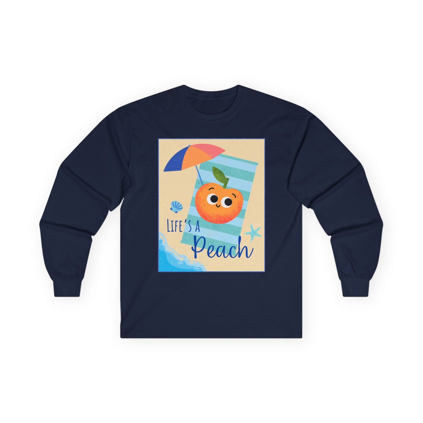 Lighthearted Peach Long Sleeve Tees for Summer Fun, Casual Wear, Beach Days, Cute Gift, Lifes a Beach Pun