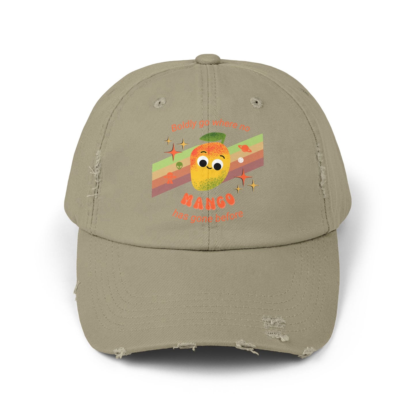 Playful Mango Pun Unisex Distressed Cap - Cute Star Trek Inspired Design - Trendy Hats for Space Lovers, Gift for Holidays, Casual Style