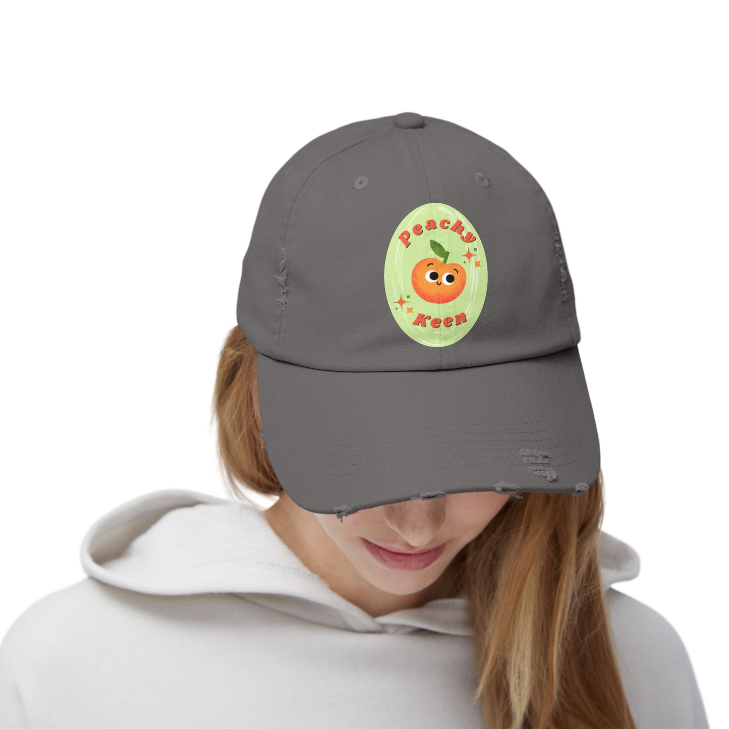 Peachy Keen Distressed Cap, Vintage Cute Hats, Fall Fashion, Peach Pun Cap, Casual Wear, Gift Idea for All Ages