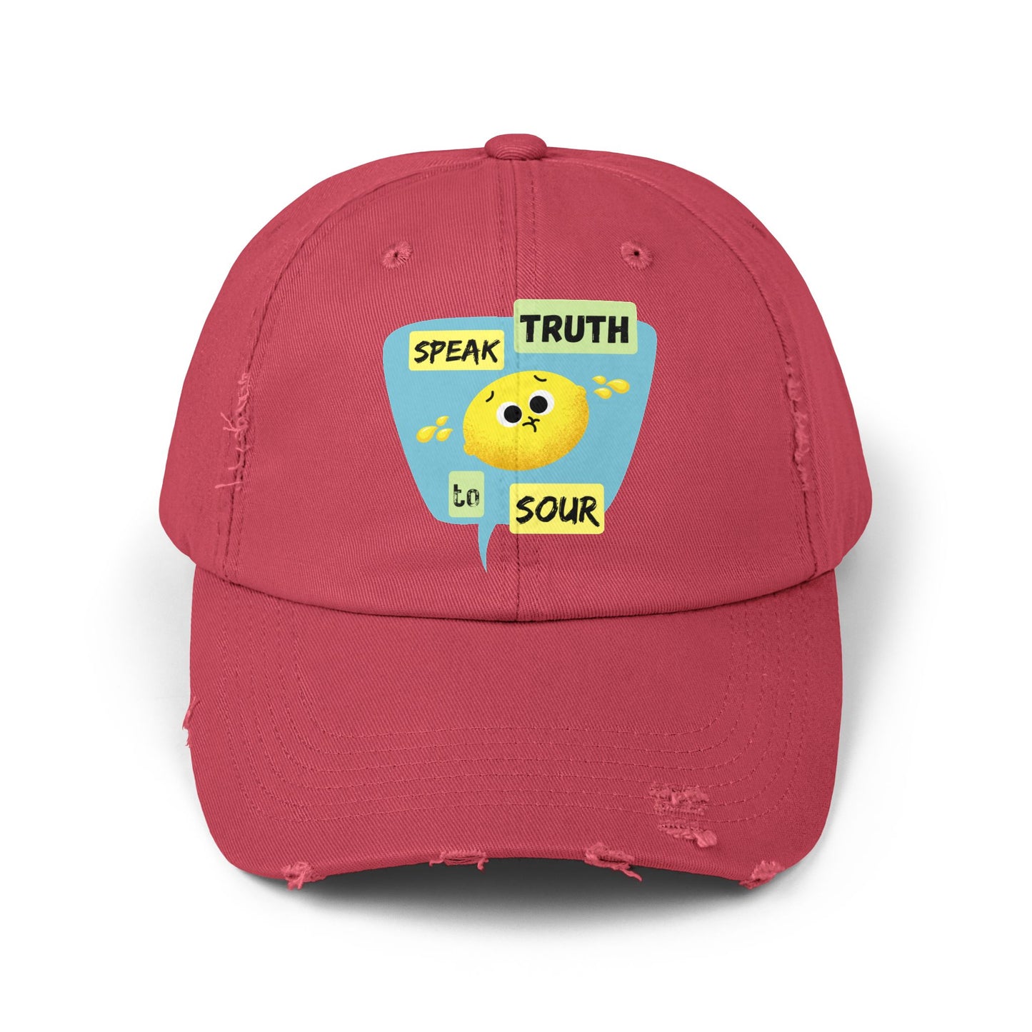 Speak Truth to Sour Lemon Pun Cap – Unisex Distressed Hat, Funny Gift for Friends, Unique Summer Accessory, Trendy Casual Wear