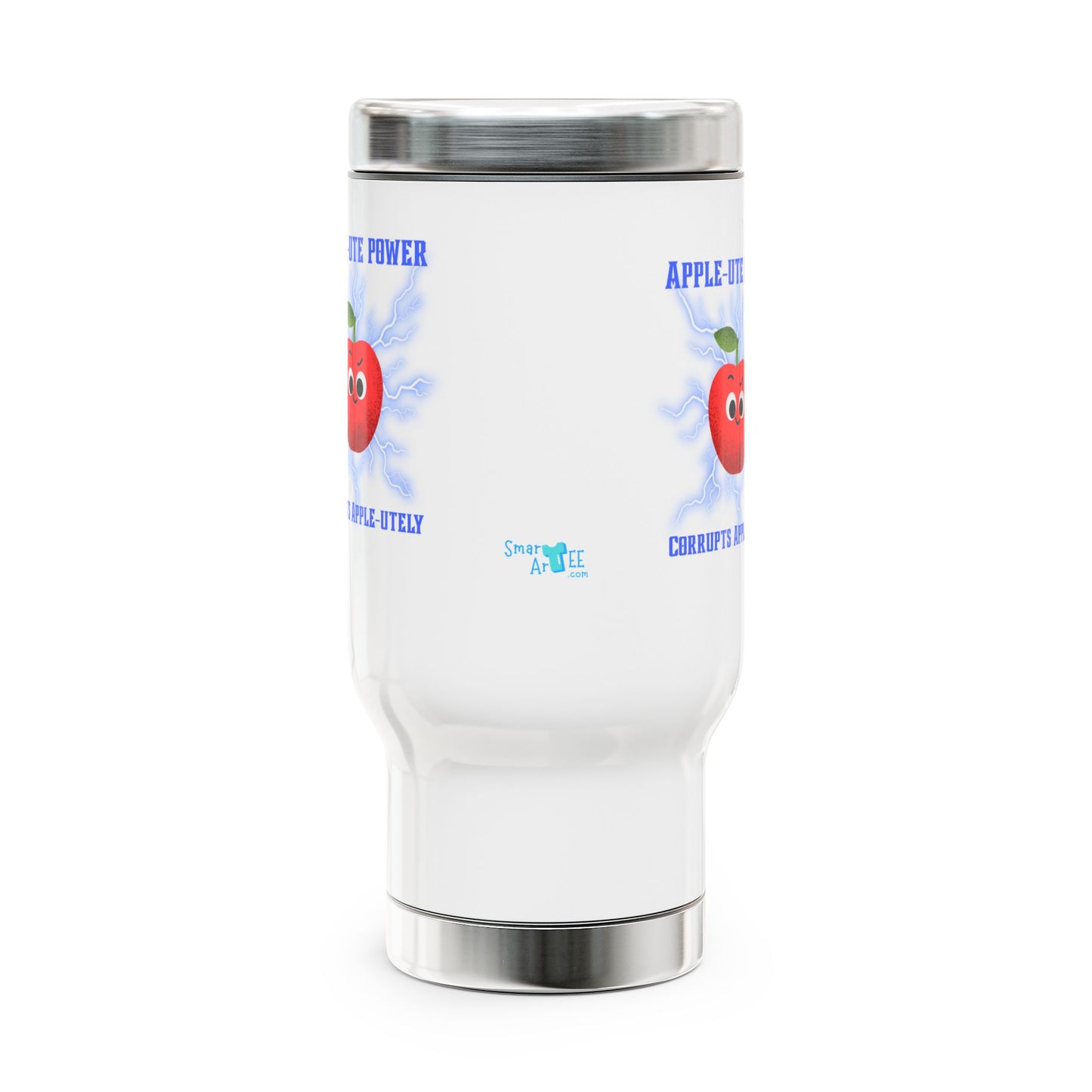 Funny Apple Pun Travel Mug, Absolute Power Humorous Travel Accessory, Great Gift for All Ages