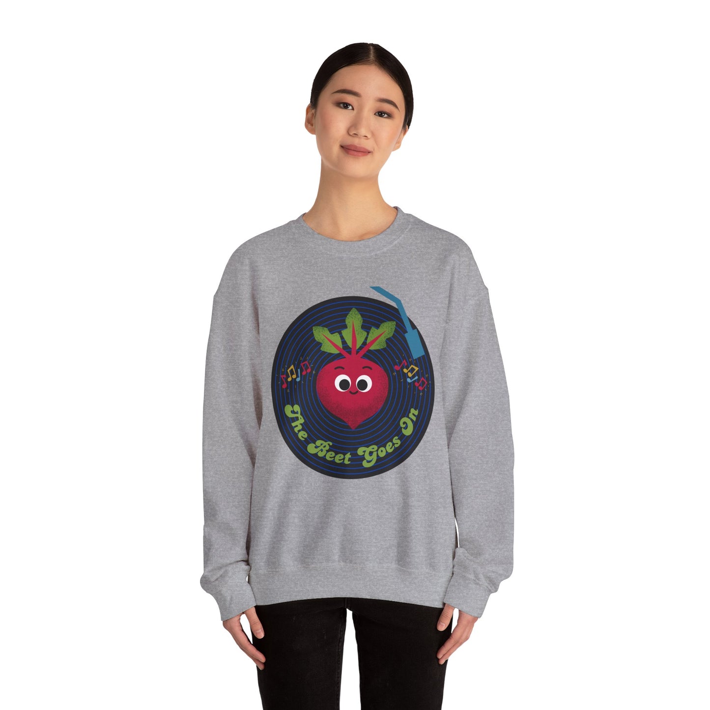 The Beet Goes On Funny Pun Crewneck Sweatshirt, Cozy Fall Apparel, Unisex Design, Casual Wear, Great Gift Idea