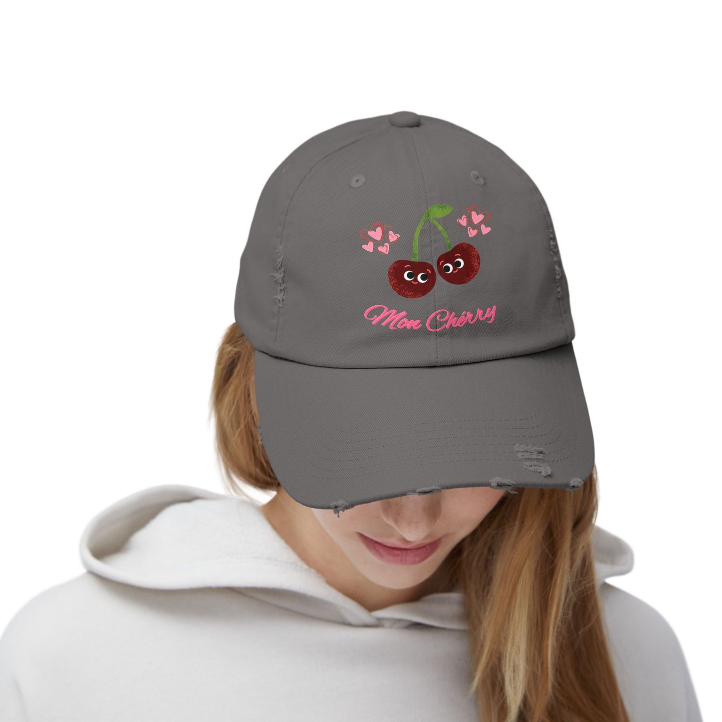 Charming Cherry Cap, Fun Distressed Hats, Gift for Moms, Cute Adjustable Cap, Summer Fashion Accessory, Casual Style Headwear