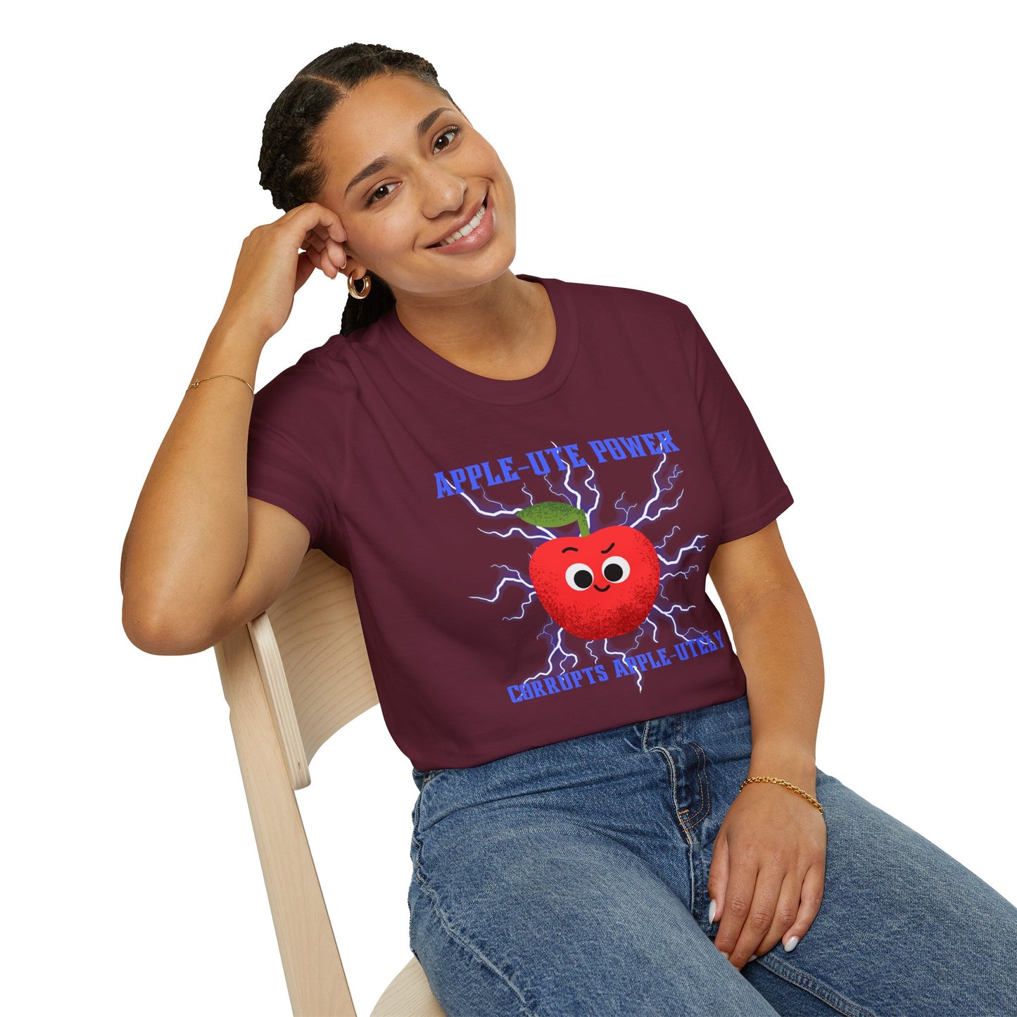 Cute Cartoon T-Shirt - 'Apple-Ute Power' Design, Fun Gift for Fruit Lovers, Casual Wear, Back to School, Gift for Teachers