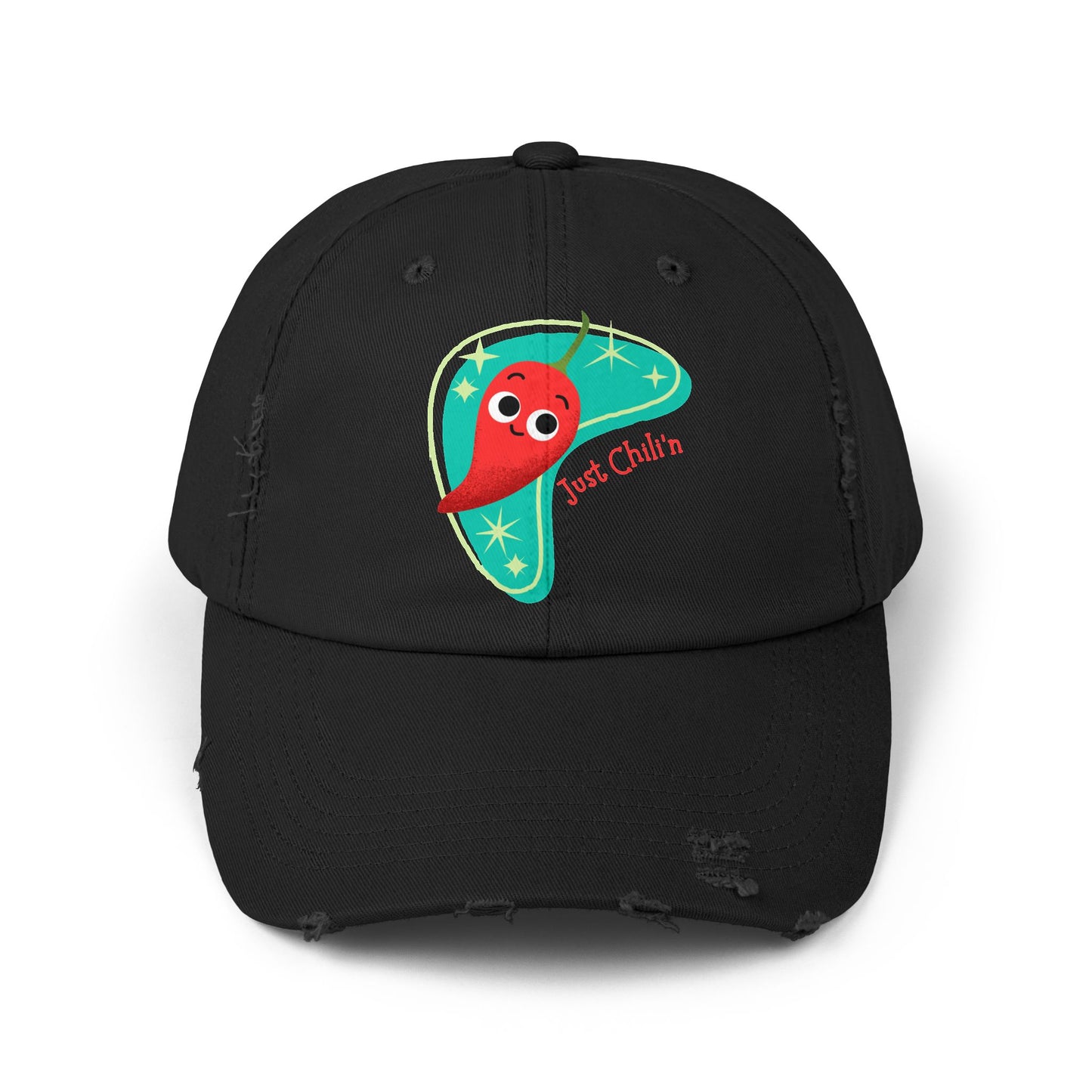 Unisex Distressed Cap with Cute Chili Design | Fun Gift for Food Lovers, Casual Wear, Summer Festivals, Birthdays, Funny Pun Hats