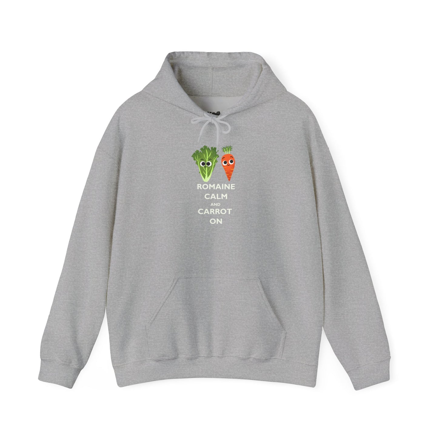 Playful Veggie Hoodie with 'Romaine Calm Carrot On' Design, Unisex Heavy Blend Pullover, Gift for Vegetable Lovers