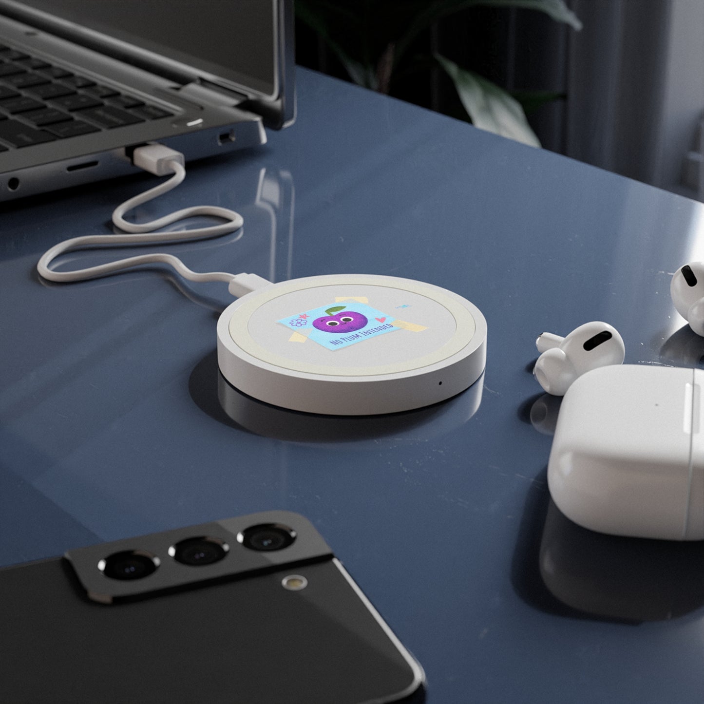 Quirky Wireless Charging Pad, Cute Plum Pun Design, No Plum Intended, Bundle With Air Pod Case, Gift for Students, Tech Gadget