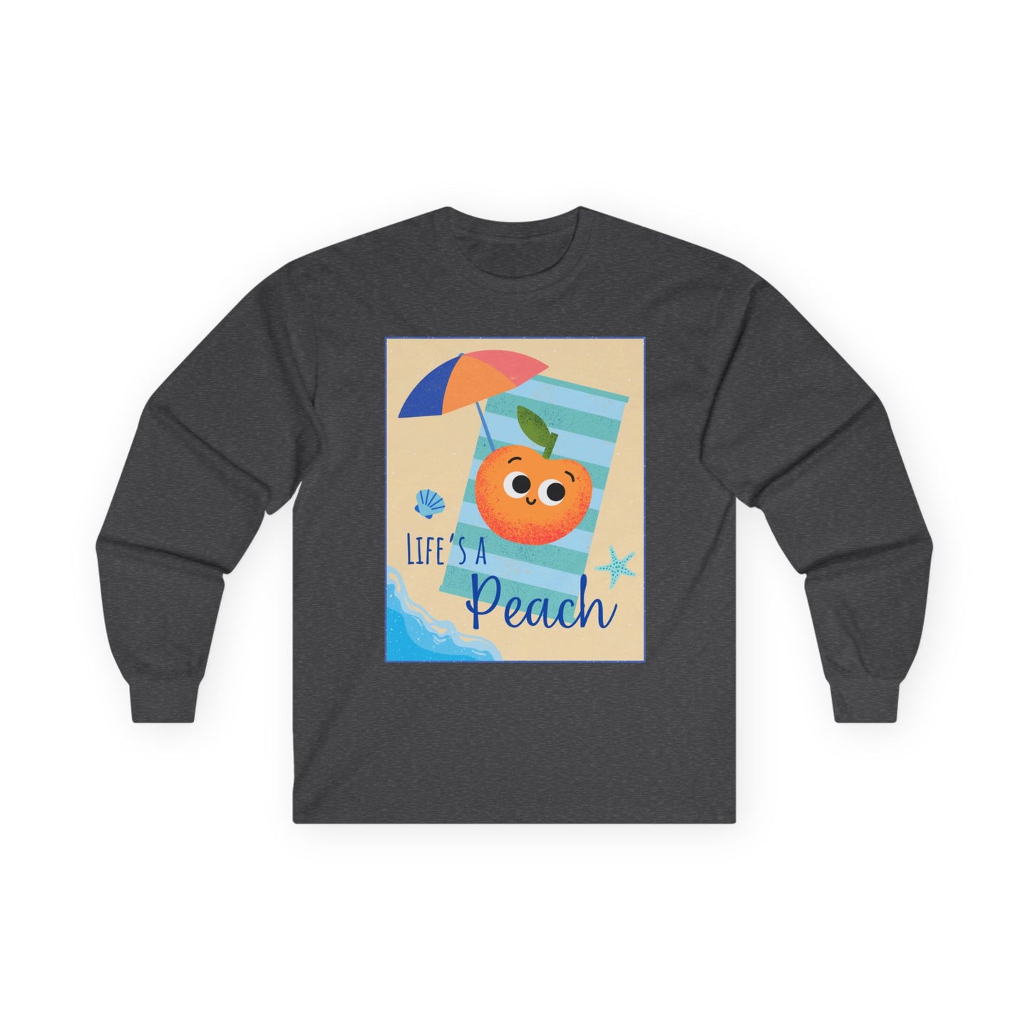 Lighthearted Peach Long Sleeve Tees for Summer Fun, Casual Wear, Beach Days, Cute Gift, Lifes a Beach Pun
