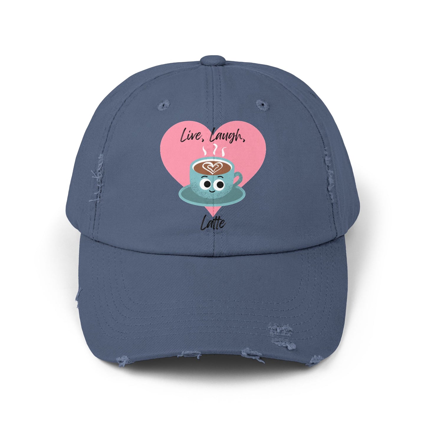 Cute Coffee-Themed Distressed Cap, Live Laugh Latte Pun Hats, Casual Everyday Accessory, Gift for Coffee Lovers, Unique Summer Cap