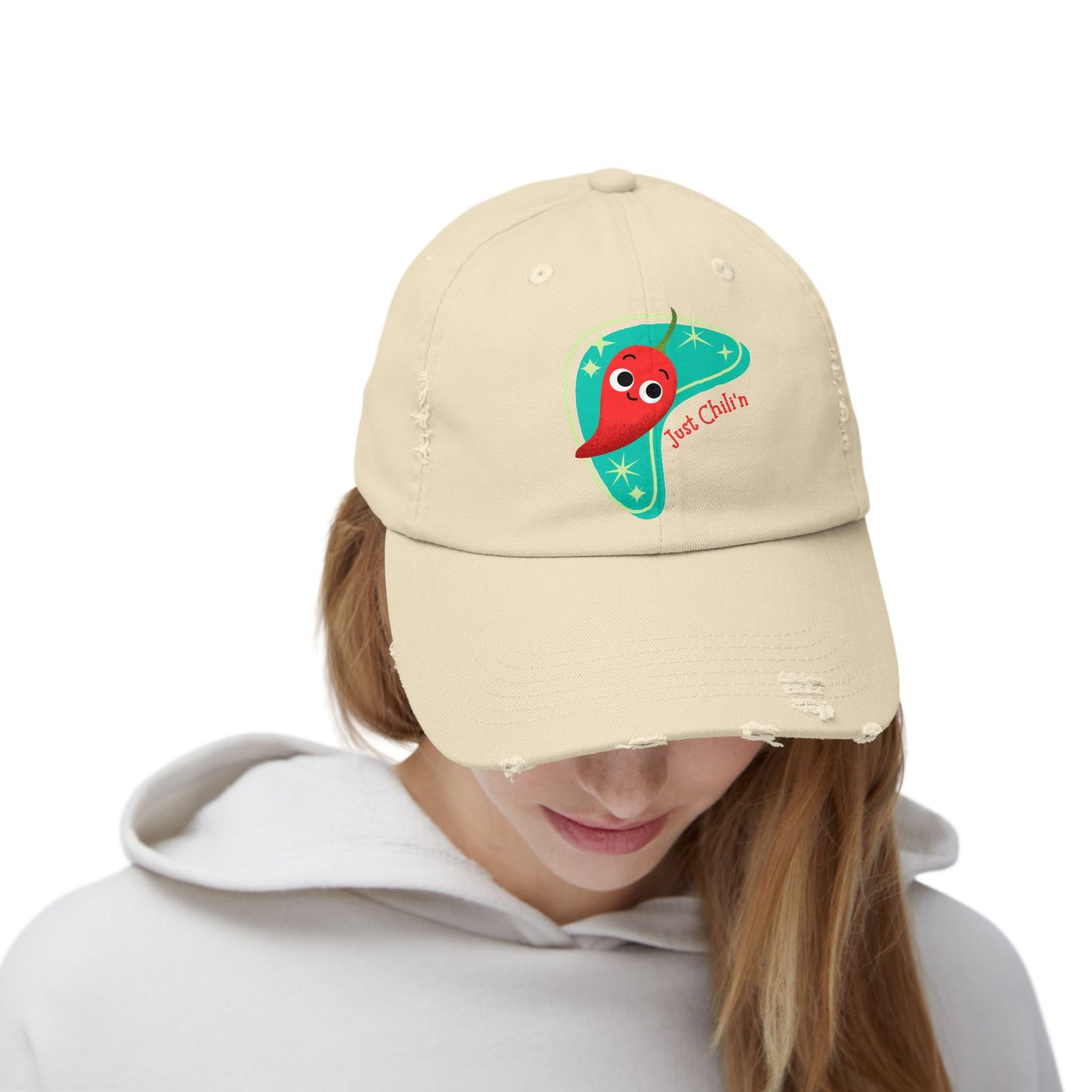 Unisex Distressed Cap with Cute Chili Design | Fun Gift for Food Lovers, Casual Wear, Summer Festivals, Birthdays, Funny Pun Hats