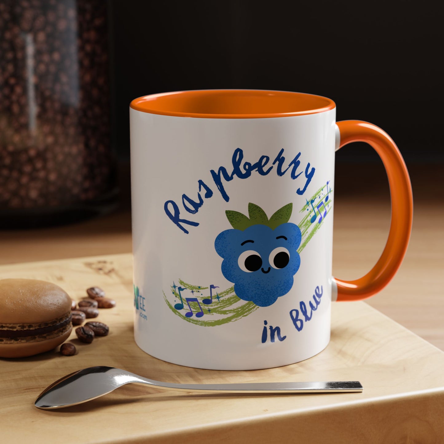Whimsical Raspberry Coffee Mug with Musical Notes, Cute Gift for Music Lovers, Fun Kitchen Decor, Blue Accent Mug, Perfect for Birthdays