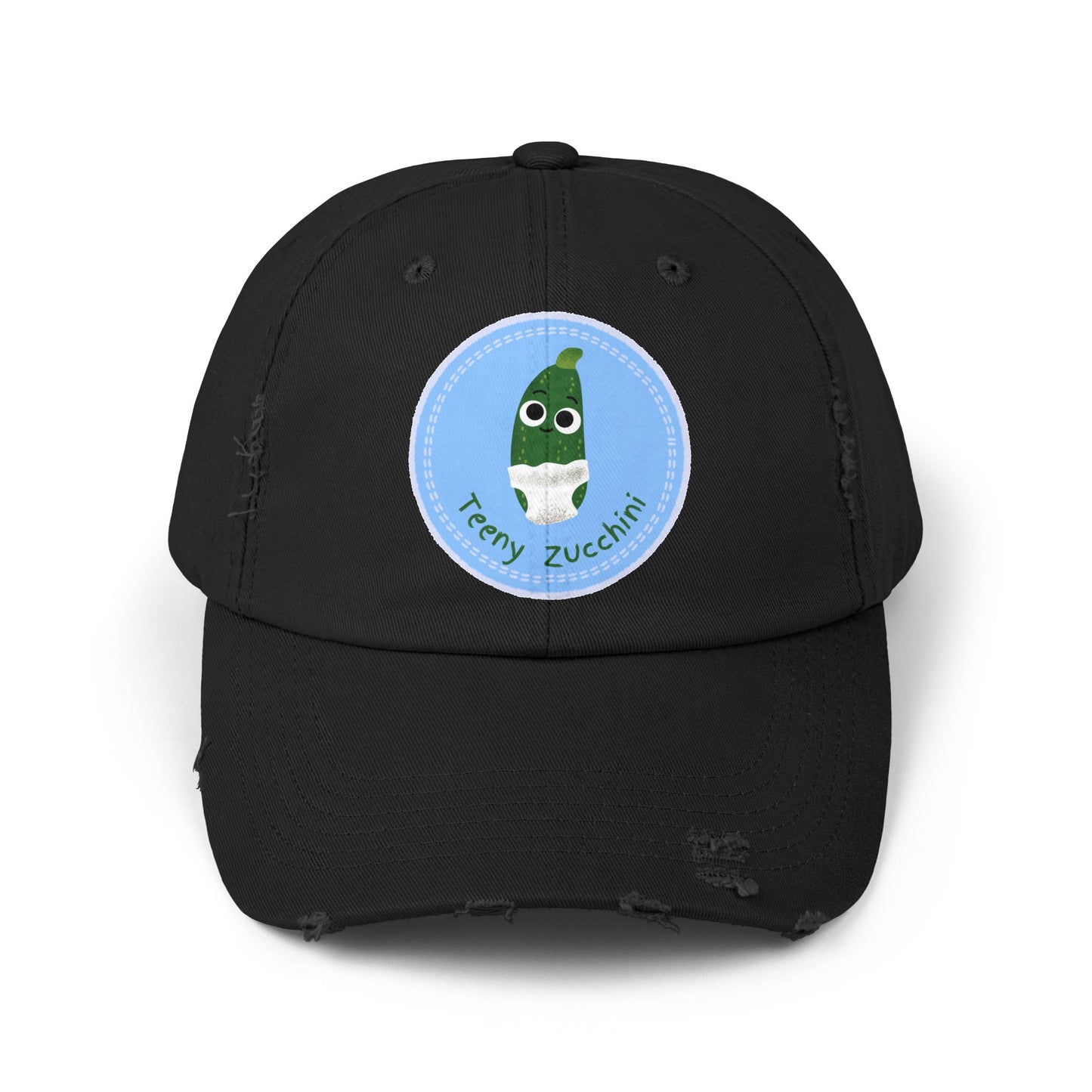 Unisex Distressed Cap with Funny Zucchini Character | Trendy Hats for Garden Lovers, Gifts for Him or Her, Casual Style Accessory