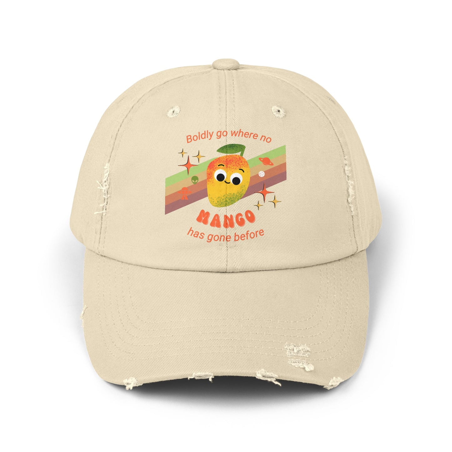 Playful Mango Pun Unisex Distressed Cap - Cute Star Trek Inspired Design - Trendy Hats for Space Lovers, Gift for Holidays, Casual Style