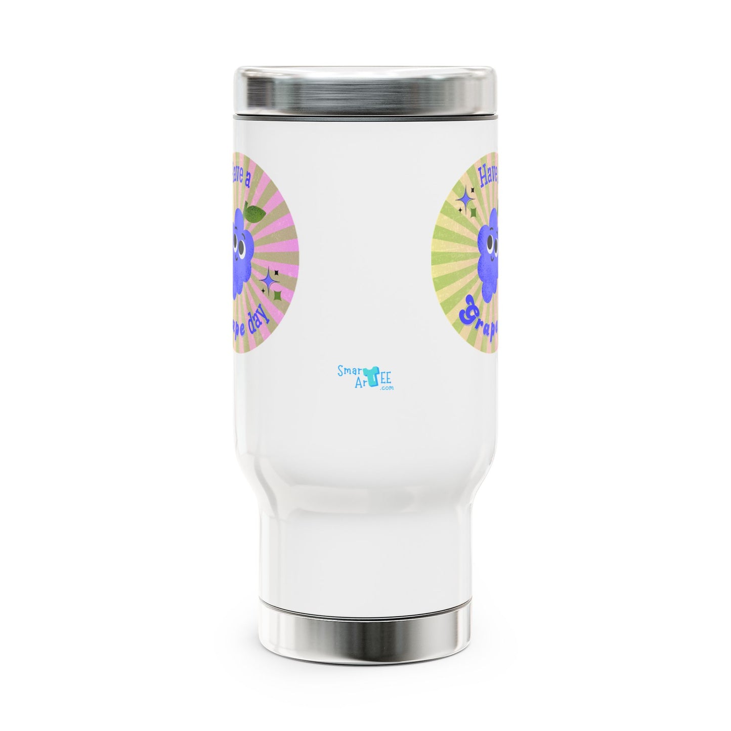 Whimsical Travel Mug with Handle - 'Have a Grape Day' Funny Pun Travel Accessory, Great Gift Idea,