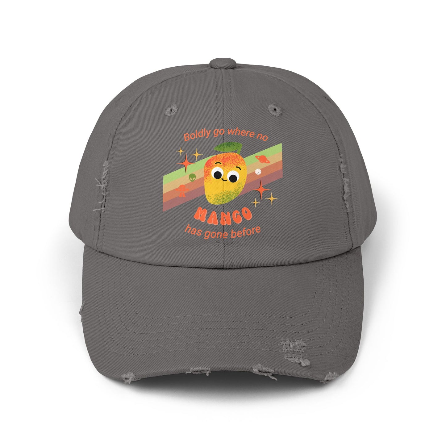 Playful Mango Pun Unisex Distressed Cap - Cute Star Trek Inspired Design - Trendy Hats for Space Lovers, Gift for Holidays, Casual Style
