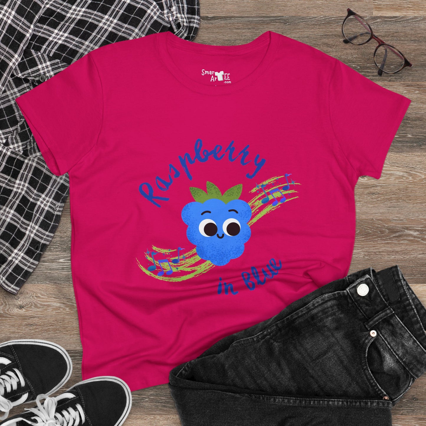 Women's Tee - Raspberry in Blue Music Lover Graphic T-Shirt, Funny Fruit Music Pun T-Shirt