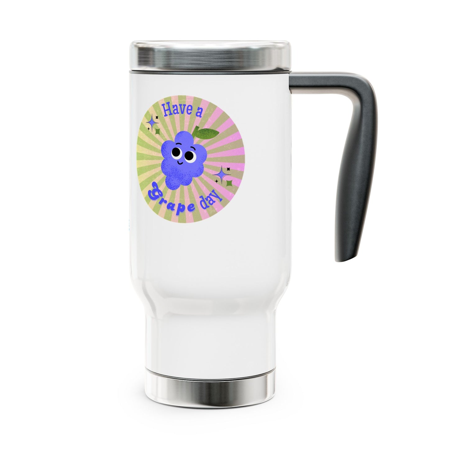 Whimsical Travel Mug with Handle - 'Have a Grape Day' Funny Pun Travel Accessory, Great Gift Idea,