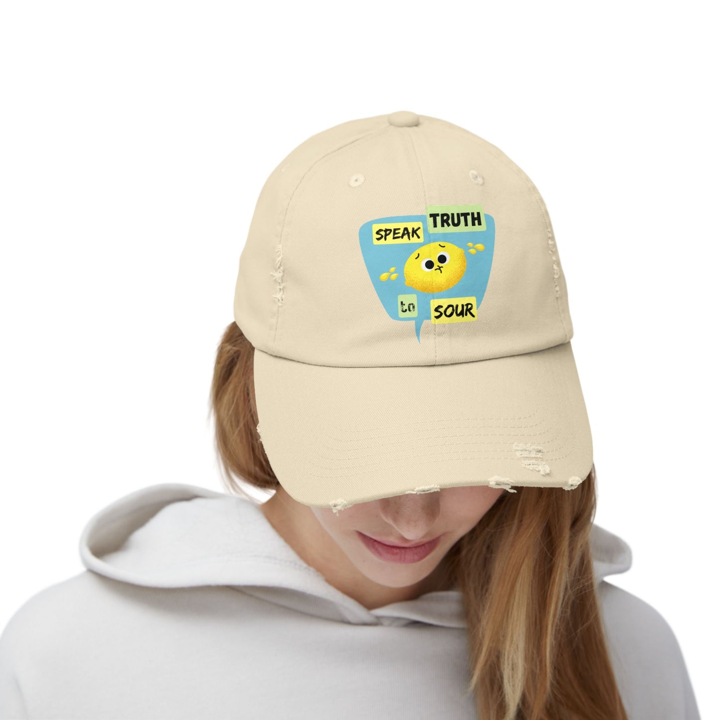 Speak Truth to Sour Lemon Pun Cap – Unisex Distressed Hat, Funny Gift for Friends, Unique Summer Accessory, Trendy Casual Wear