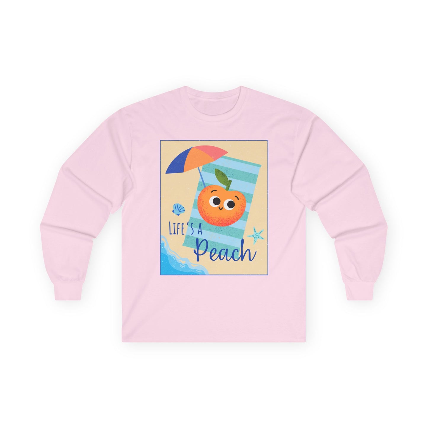 Lighthearted Peach Long Sleeve Tees for Summer Fun, Casual Wear, Beach Days, Cute Gift, Lifes a Beach Pun