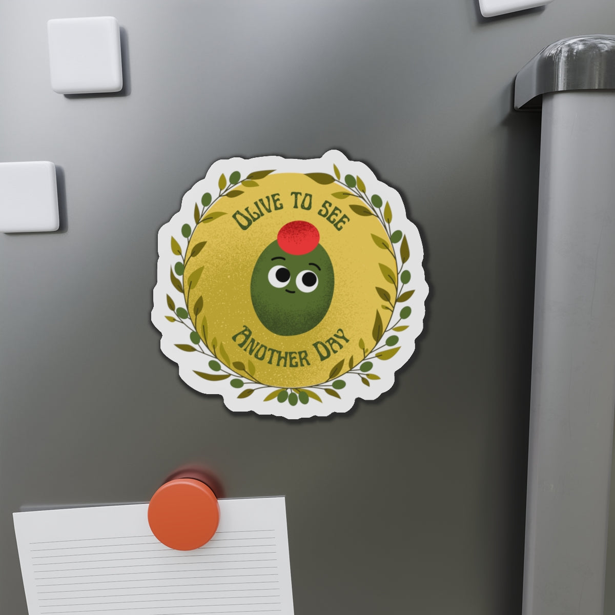 Cheerful Olive Die-Cut Magnet - Cute Kitchen Decor, Fridge Stickers, Gift for Foodies, Funny Home Accessories, Positive Vibes