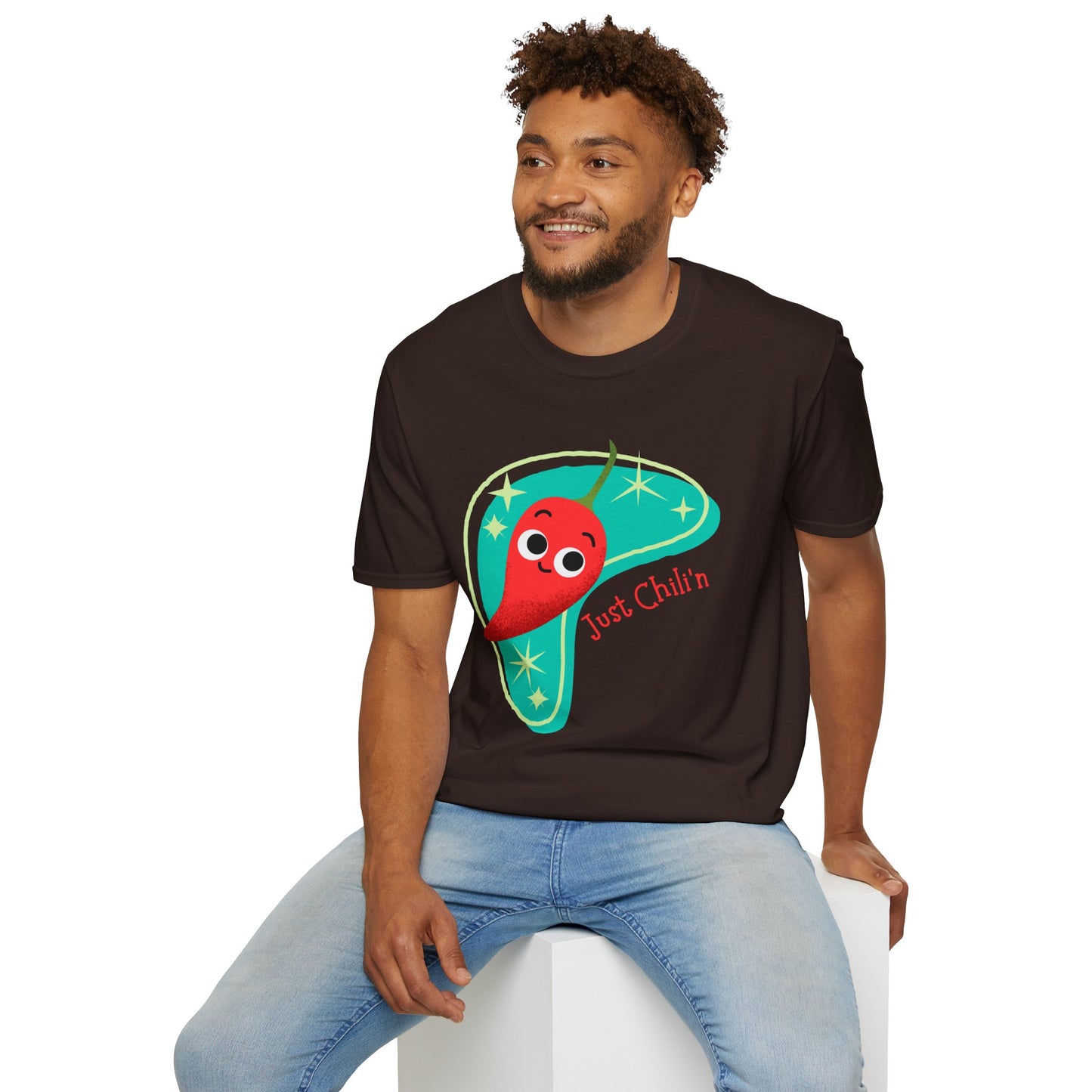 Funny 'Just Chili'n'' Unisex Softstyle T-Shirt - Perfect for Casual Wear & Summer Vibes, Funny Vegetable Pun T-Shirt, Great Gift Idea