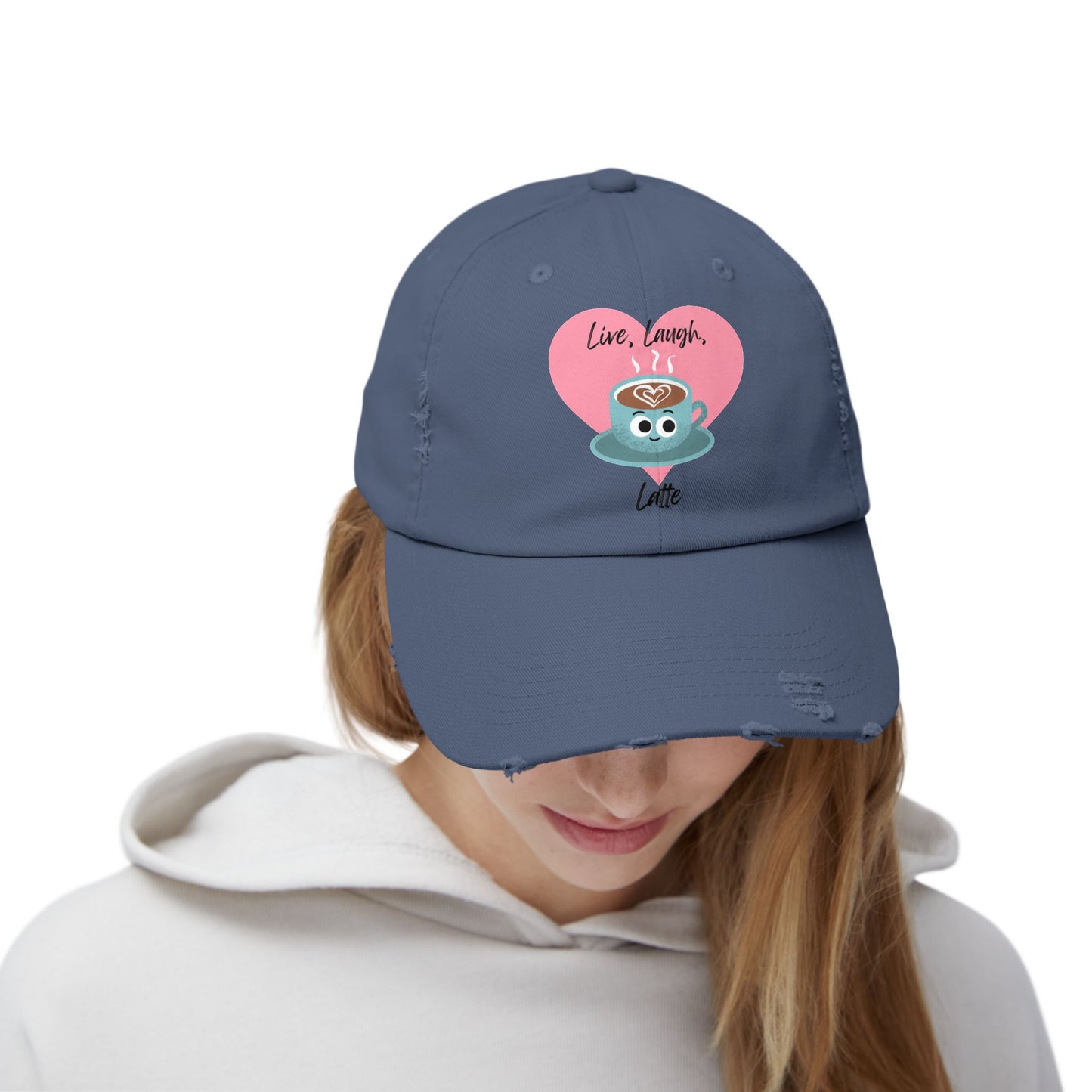 Cute Coffee-Themed Distressed Cap, Live Laugh Latte Pun Hats, Casual Everyday Accessory, Gift for Coffee Lovers, Unique Summer Cap