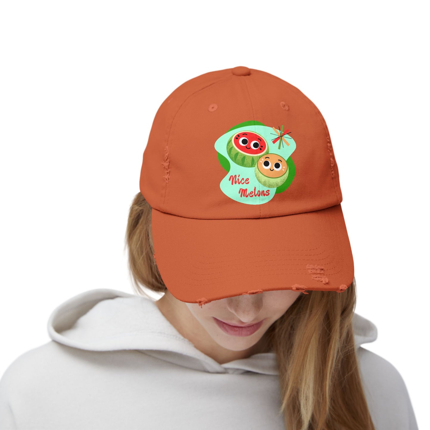 Cute Melon Distressed Cap | Funny Summer Pun Hats | Fun Outdoor Accessory | Gift for Friends | Unisex Fashion Cap