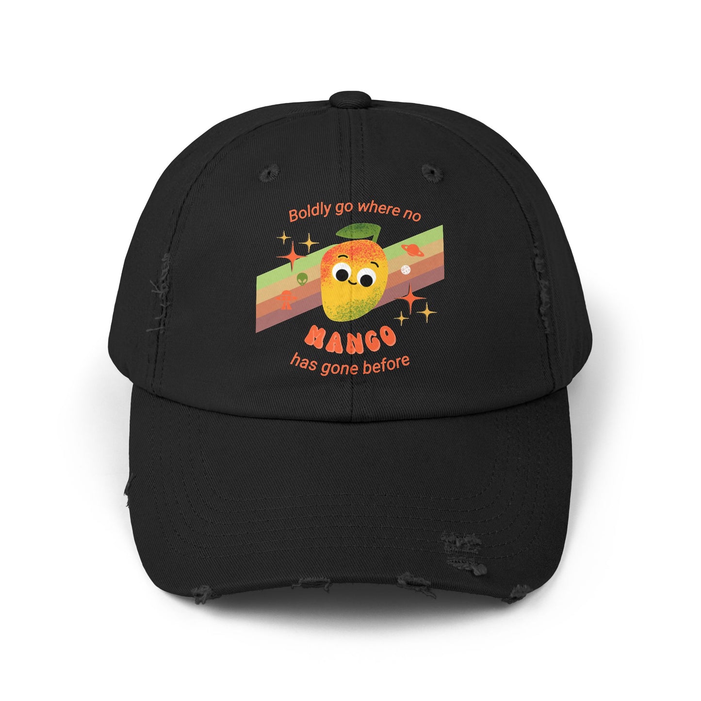 Playful Mango Pun Unisex Distressed Cap - Cute Star Trek Inspired Design - Trendy Hats for Space Lovers, Gift for Holidays, Casual Style