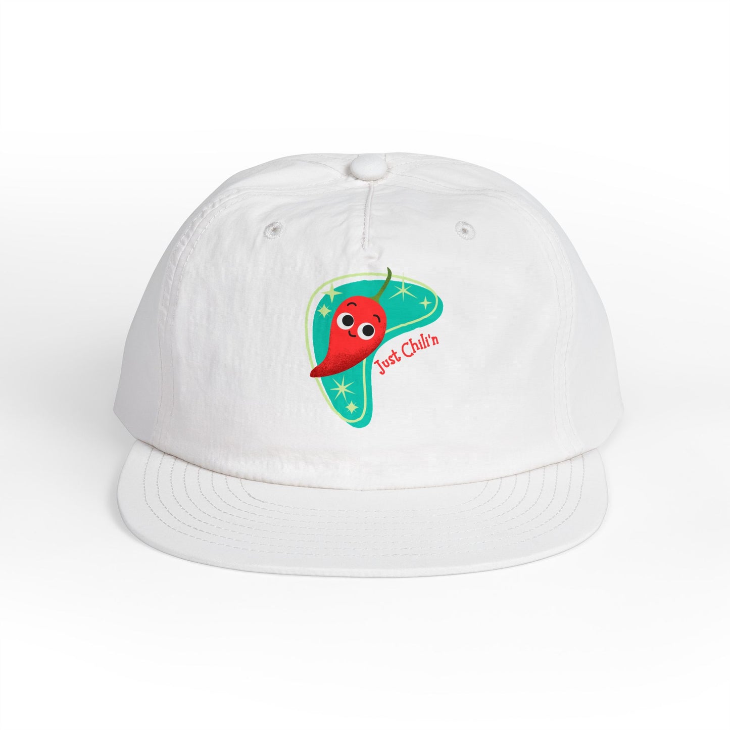 Surf Cap with Fun Chillin' Chili Design, Beach Apparel, Summer Hat Accessories, Gift for Food Lovers, Chill Vibes Cap, Surfing Headwear