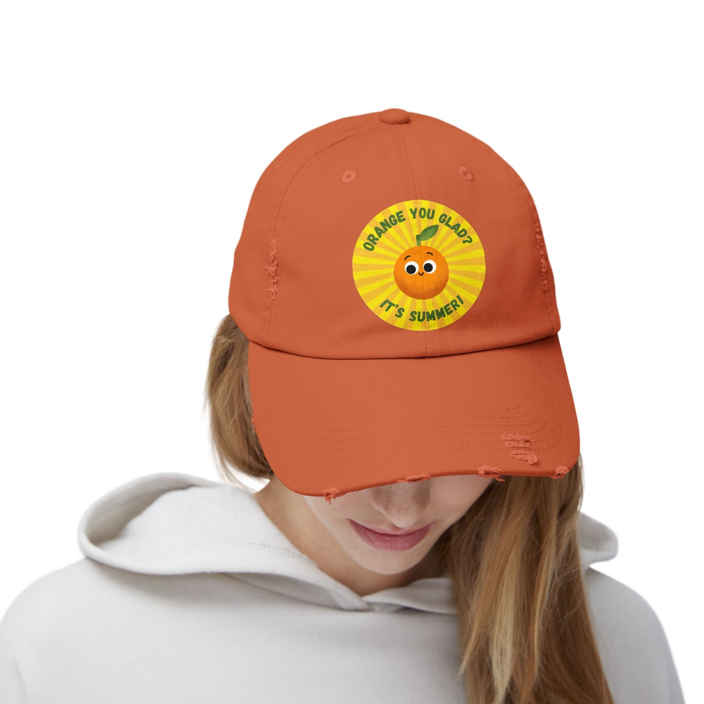 Summer Fun Distressed Cap with Orange You Glad Design, Casual Hats for Summer, Fun Gift for Friends, Vacation Accessory, Unisex Summer Wear