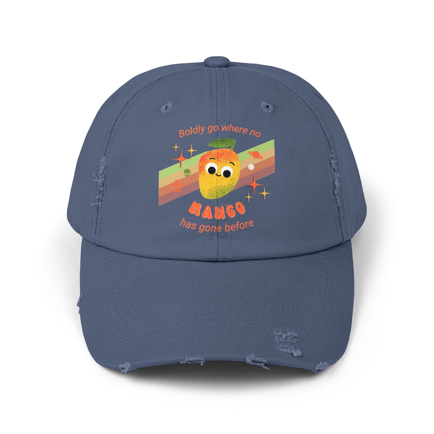 Playful Mango Pun Unisex Distressed Cap - Cute Star Trek Inspired Design - Trendy Hats for Space Lovers, Gift for Holidays, Casual Style