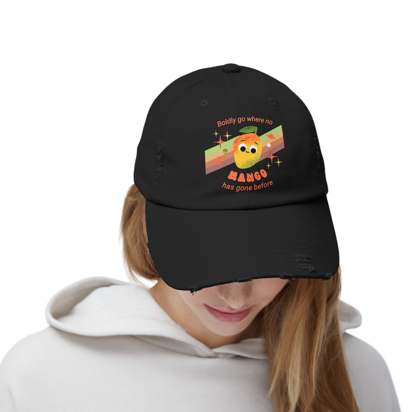 Playful Mango Pun Unisex Distressed Cap - Cute Star Trek Inspired Design - Trendy Hats for Space Lovers, Gift for Holidays, Casual Style