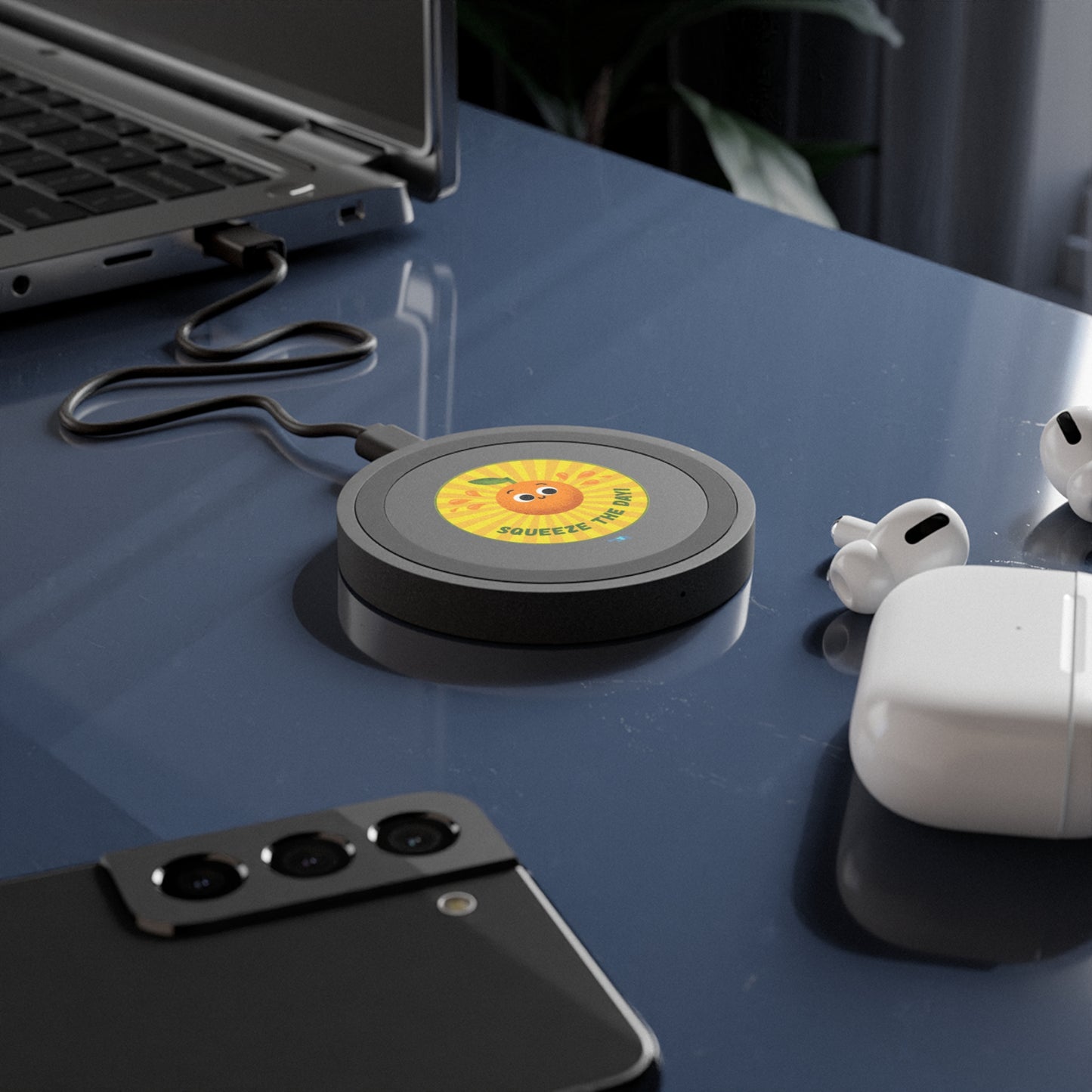 Cheerful Wireless Charging Pad - Squeeze the Day, Cute Desk Accessory, Great for Home or Office, Gift Idea for Friends, Bundle With Air Pod Case