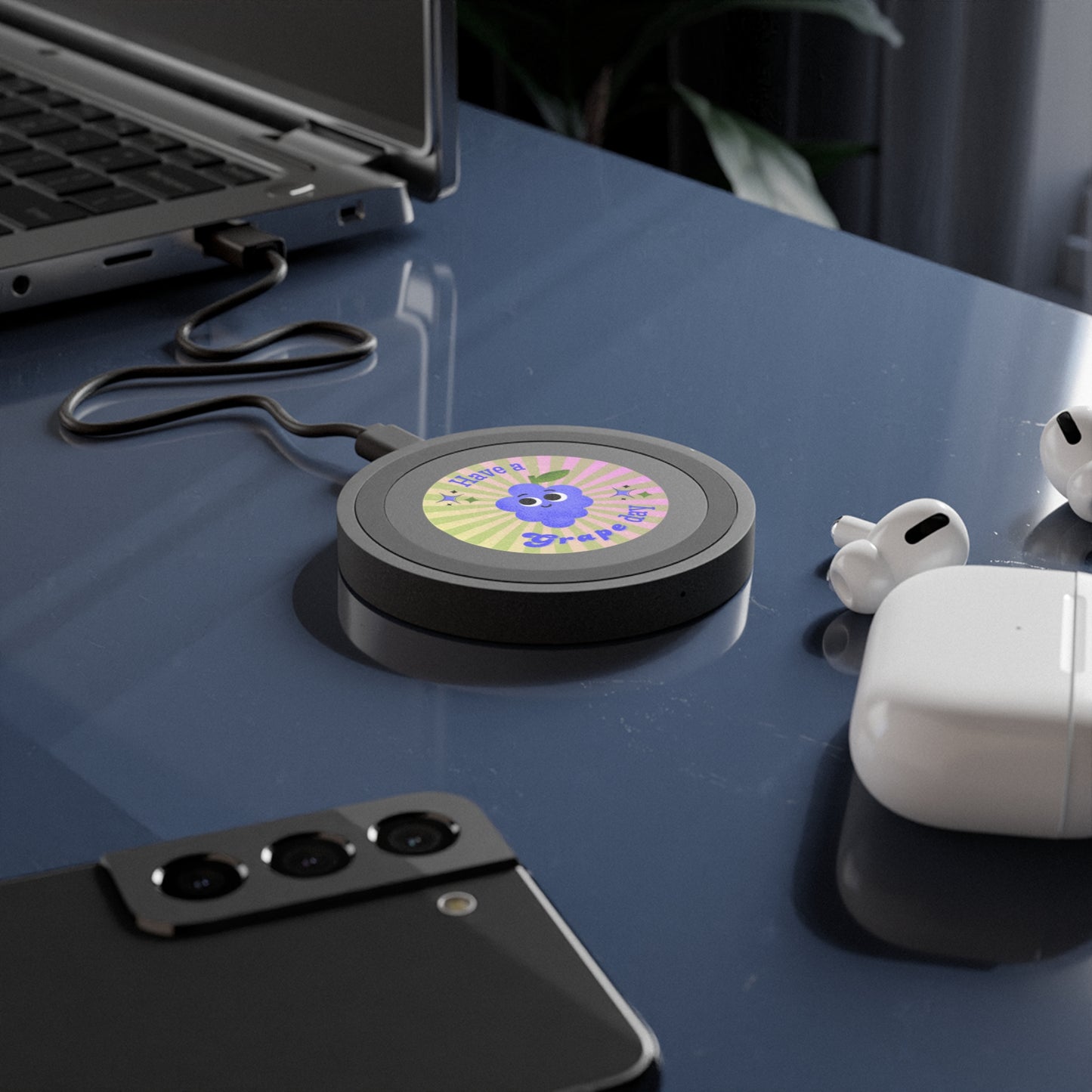Wireless Charging Pad with Grape Design, Cute Tech Accessory, Gifts for Students, Bundle with Air Pod Case, Eco-Friendly Charging Solution