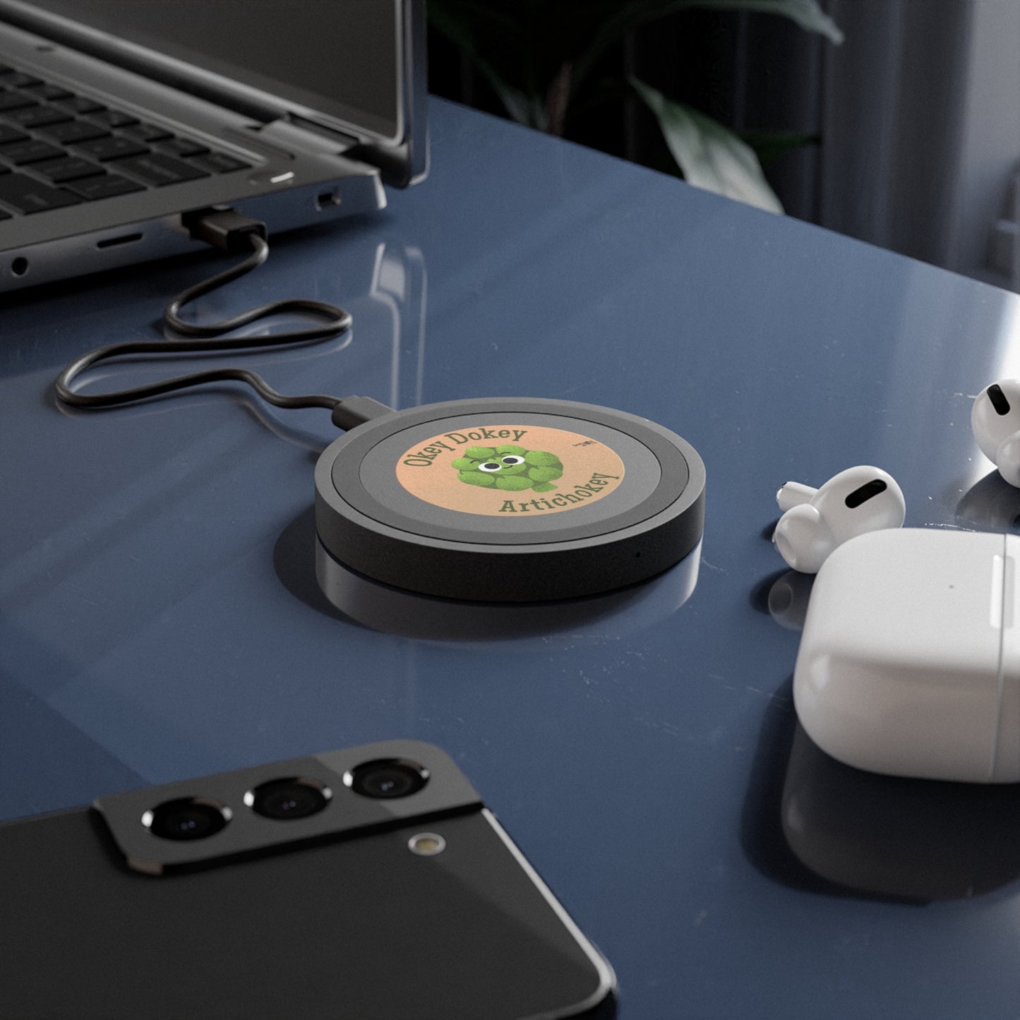 Okey Dokey Artichokey Wireless Charging Pad, Cute Charging Station, Funny Office Decor, Tech Gift, Bundle with Air Pod Case