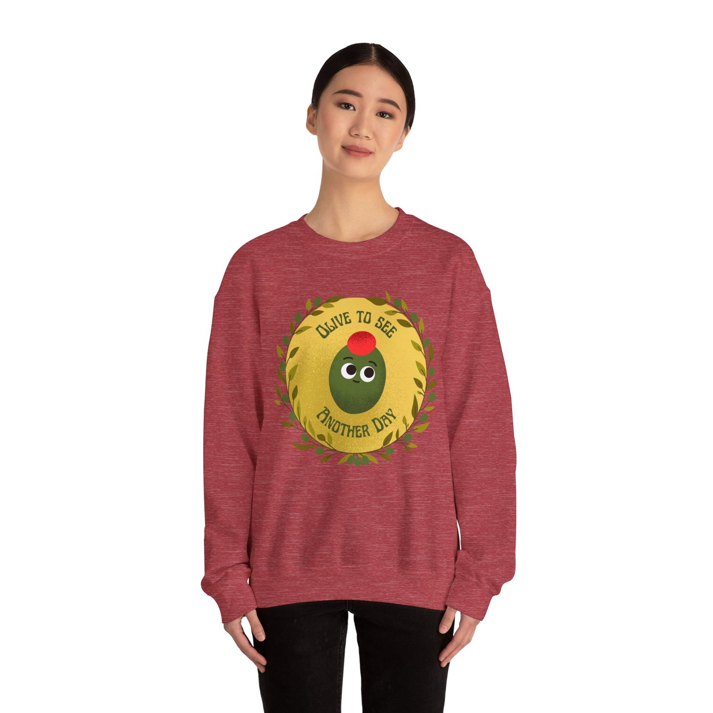 Olive To See Another Day Unisex Crewneck Sweatshirt, Funny Vegetable Pun, Witty Whimsical Design, Relaxed Comfort, Great Gift Idea