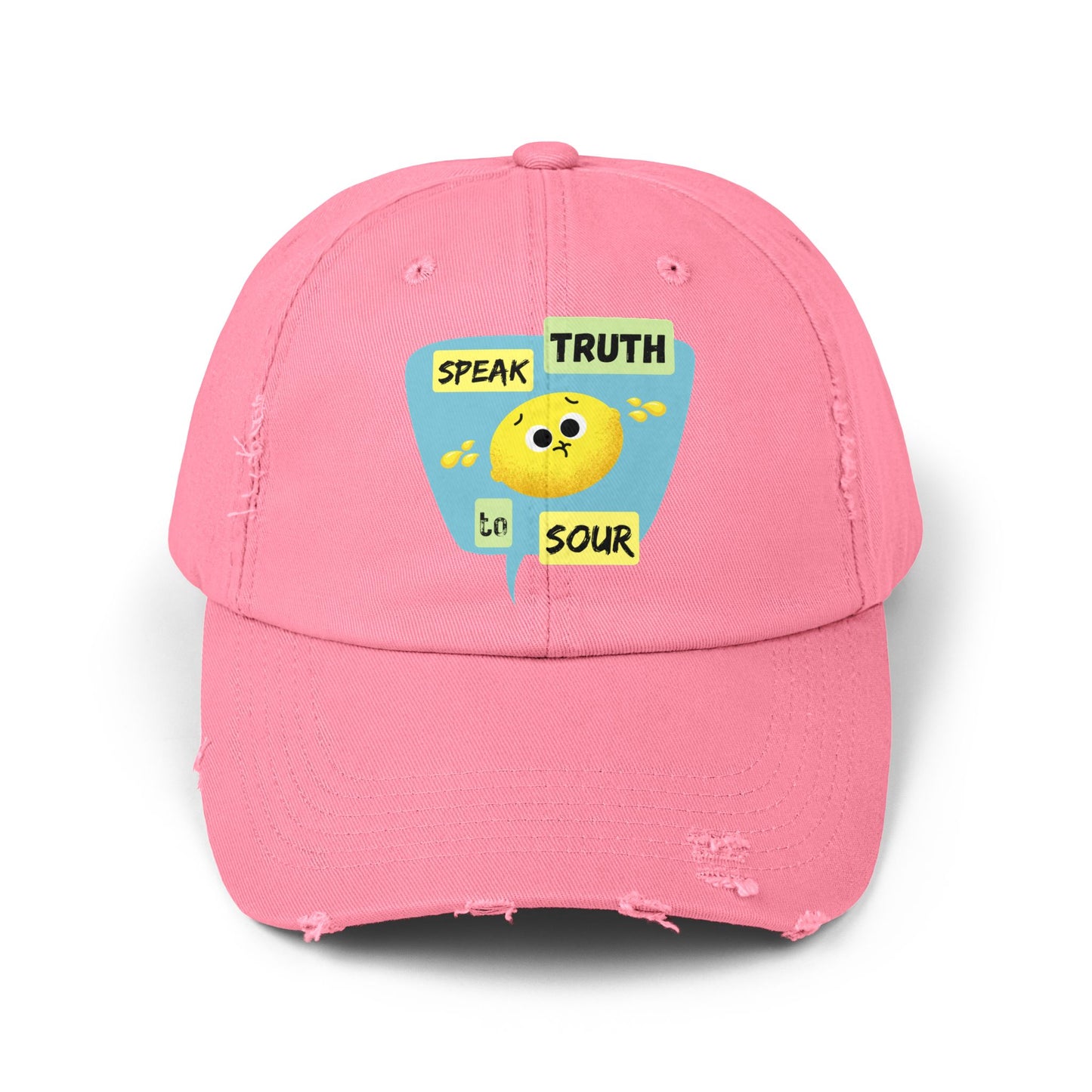 Speak Truth to Sour Lemon Pun Cap – Unisex Distressed Hat, Funny Gift for Friends, Unique Summer Accessory, Trendy Casual Wear