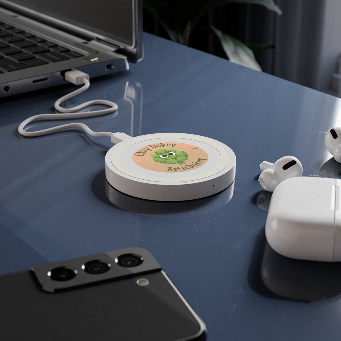 Okey Dokey Artichokey Wireless Charging Pad, Cute Charging Station, Funny Office Decor, Tech Gift, Bundle with Air Pod Case