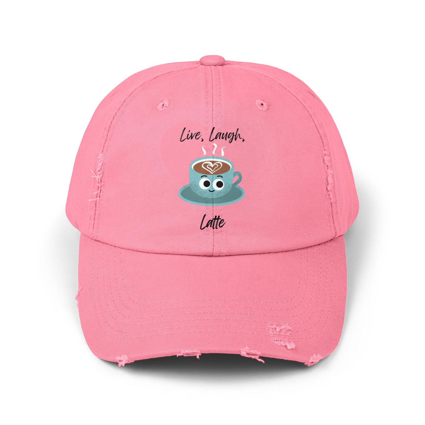 Cute Coffee-Themed Distressed Cap, Live Laugh Latte Pun Hats, Casual Everyday Accessory, Gift for Coffee Lovers, Unique Summer Cap