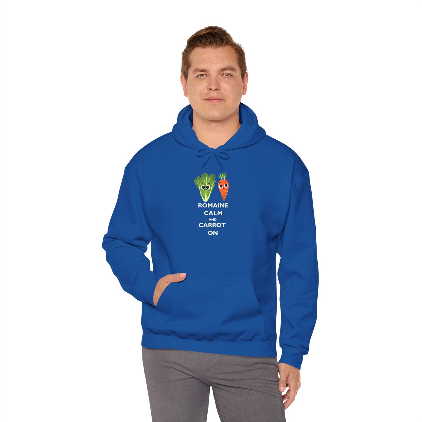 Playful Veggie Hoodie with 'Romaine Calm Carrot On' Design, Unisex Heavy Blend Pullover, Gift for Vegetable Lovers