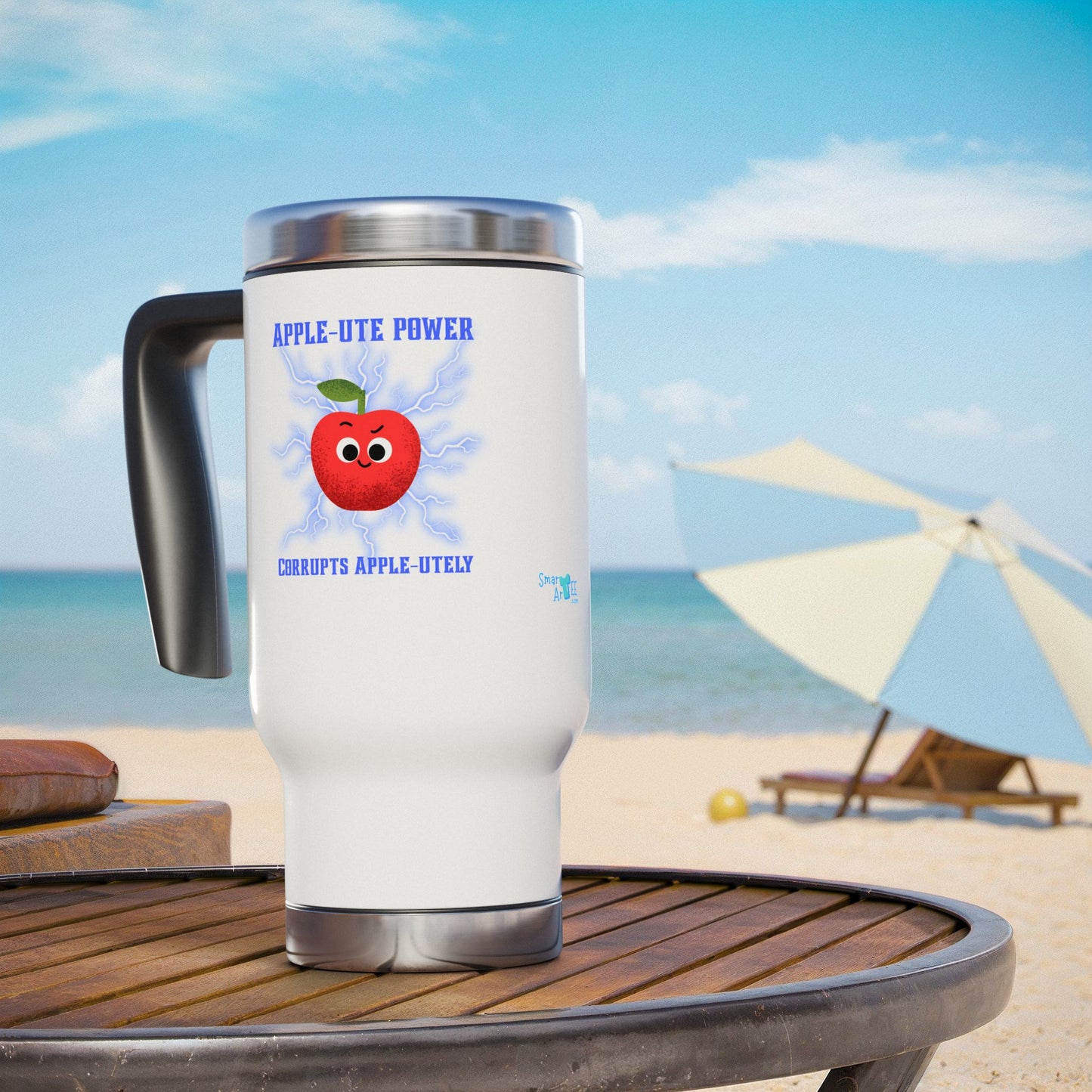 Funny Apple Pun Travel Mug, Absolute Power Humorous Travel Accessory, Great Gift for All Ages