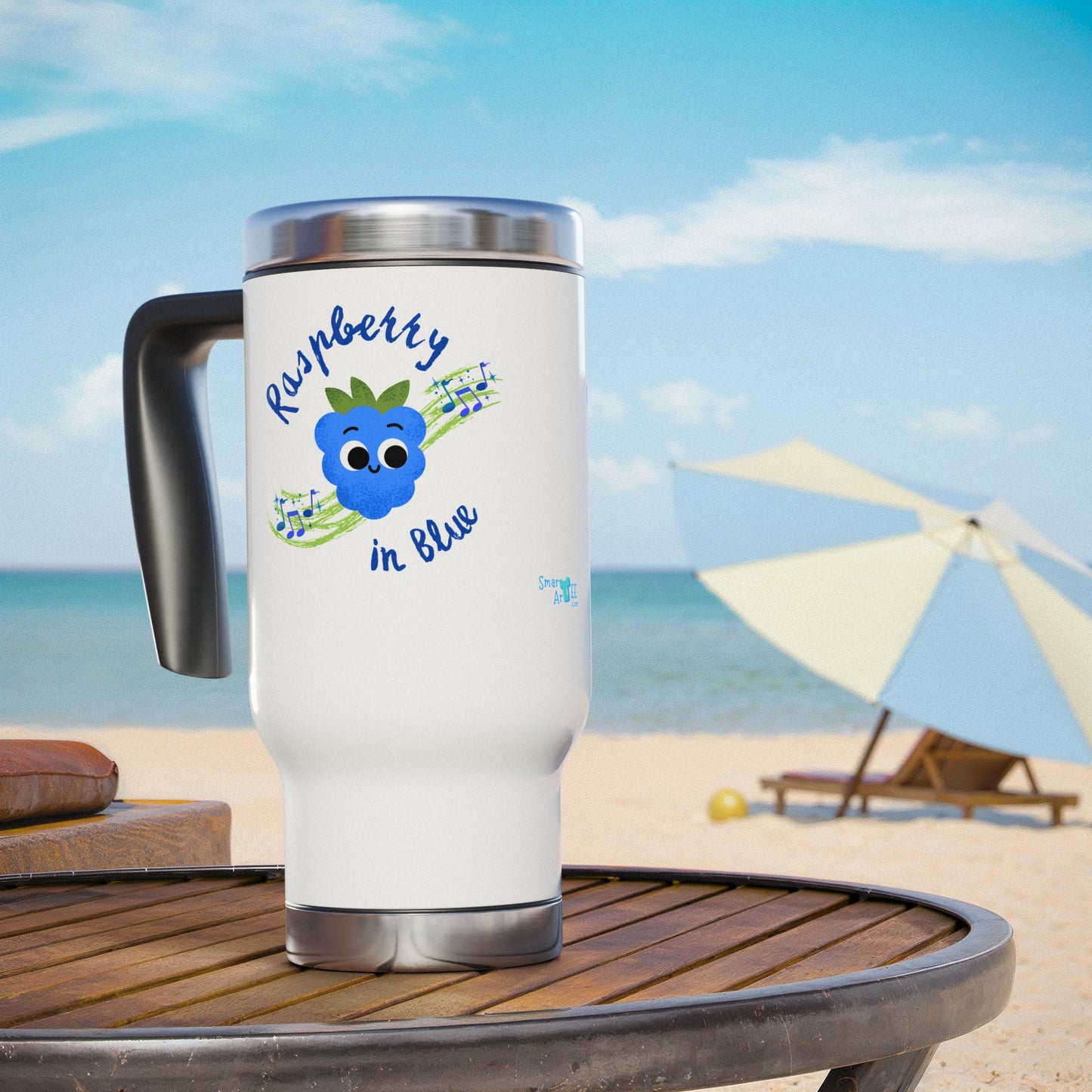 Charming Travel Mug, 'Rhapsody in Blue' Fruit Pun Mug, Travel Accessory, Great Gift Idea