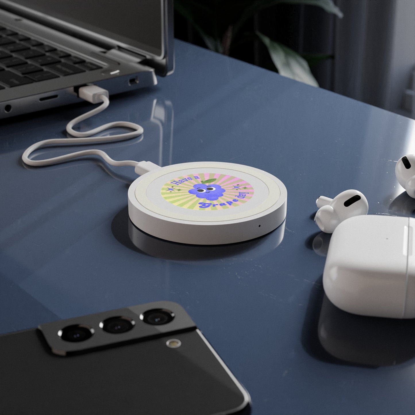 Wireless Charging Pad with Grape Design, Cute Tech Accessory, Gifts for Students, Bundle with Air Pod Case, Eco-Friendly Charging Solution